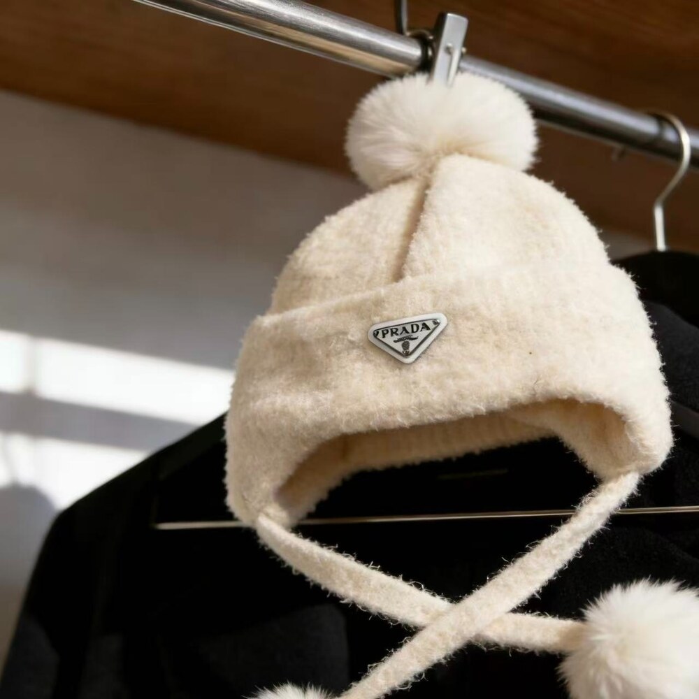 Prada Fuzzy Knit Earflap Hat with Pom Poms - Picture 3 of 4